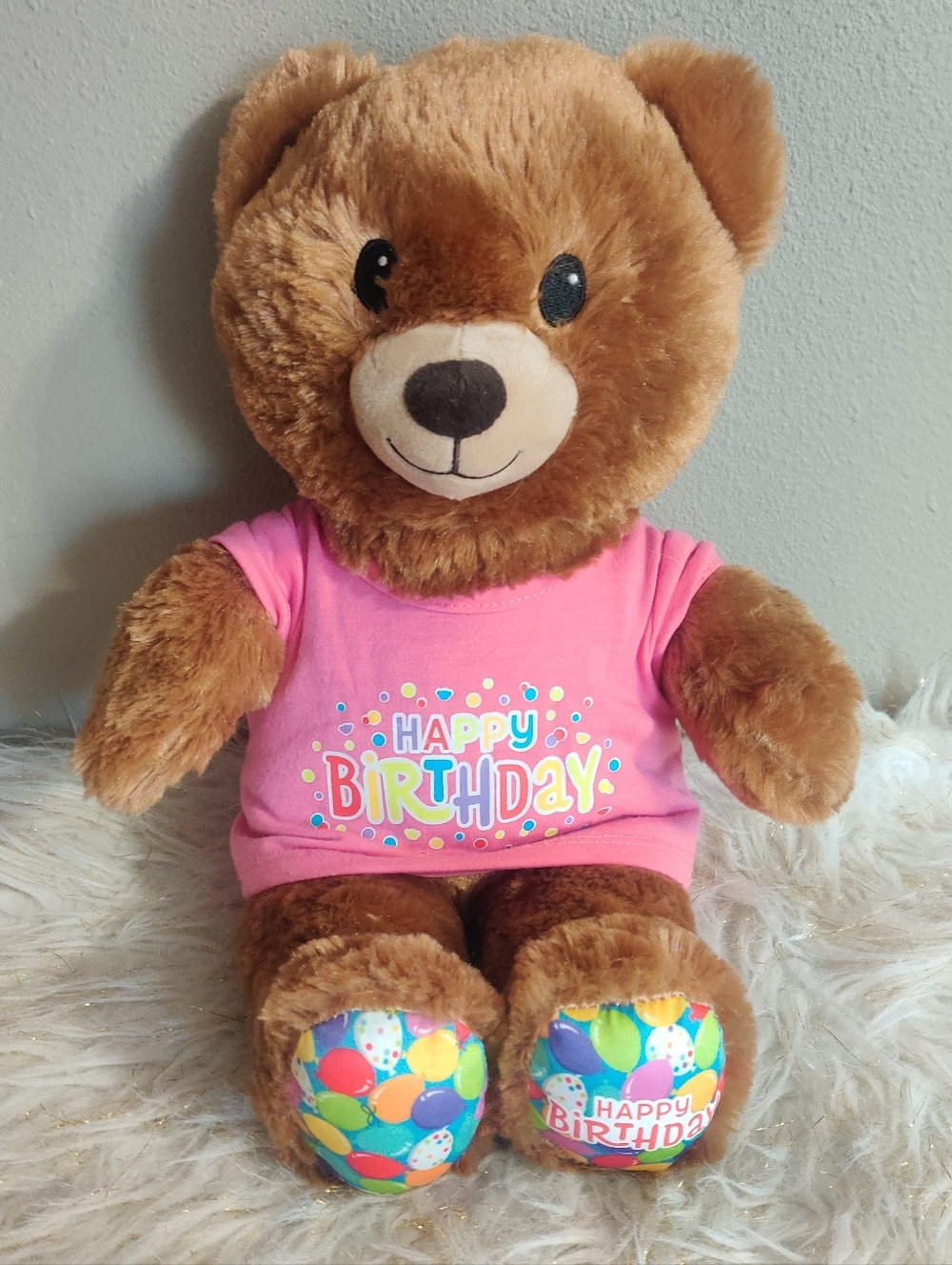 HAPPY BIRTHDAY Build-A-Bear BAB Brown Plush Teddy Pink Shirt Celebration Build